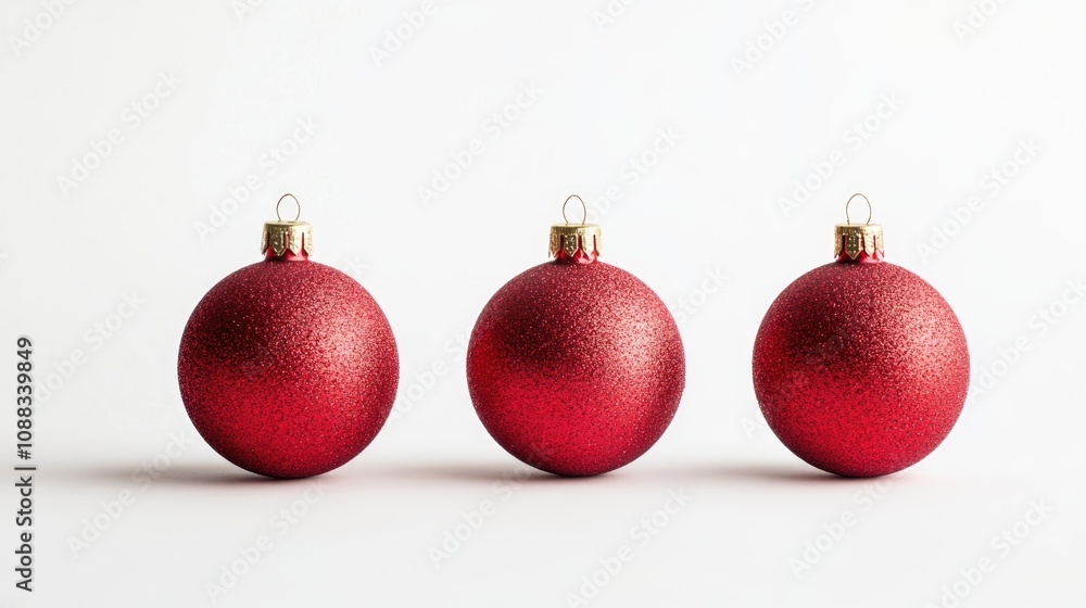 Shimmering red Christmas ornaments in a row with a textured surface against a clean white background for festive holiday décor. Shimmering red Christmas ornaments in a row with a textured surface against a clean white background for festive holiday décor.