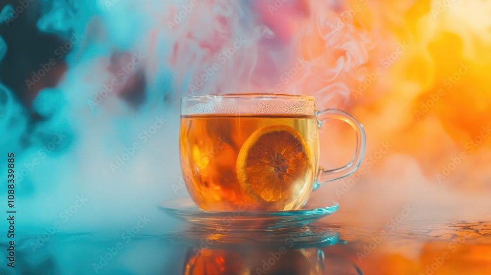 Vibrant Orange Infused Tea in a Clear Cup with Fresh Orange Slice Surrounded by Colorful Steam and Foggy Background Vibrant Orange Infused Tea in a Clear Cup with Fresh Orange Slice Surrounded by Colorful Steam and Foggy Background