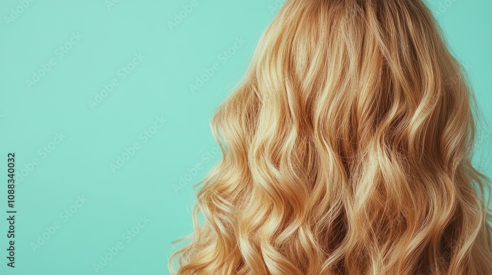 Naklejka premium Long, wavy blonde hair cascading down against a mint green backdrop, highlighting vibrant color and healthy texture, ideal for hair care concepts and advertising.