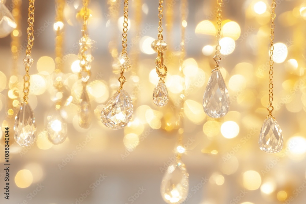 A close-up of sparkling crystal droplets hanging from golden chains, creating a shimmering effect. A close-up of sparkling crystal droplets hanging from golden chains, creating a shimmering effect.