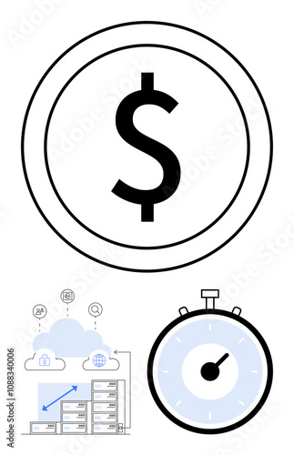 Dollar symbol in a circle cloud storage with database and stopwatch. Ideal for finance, cloud computing, time management, efficiency, productivity, business, technology. Line metaphor