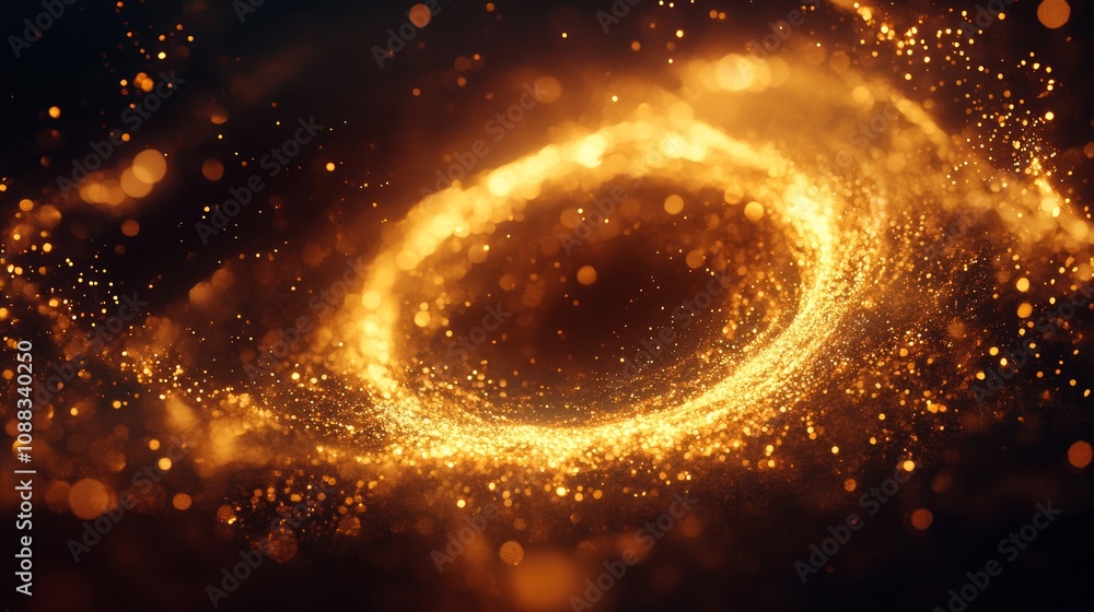 Abstract swirl of golden light with bokeh effect on a black background.
