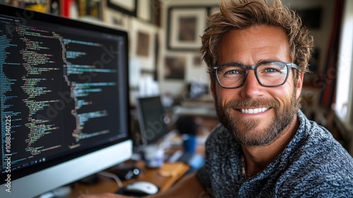 a smiling ethnically ambiguous male website coder (30 years old), wearing business casual clothing, working at a desktop computer, with coding on the screen, in a home office 