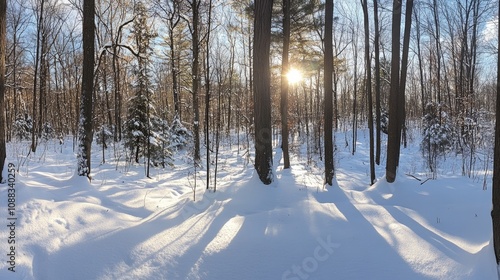 Winter forest scene with snow-laden trees bathed in soft sunlight creating long shadows on a tranquil snowy ground.