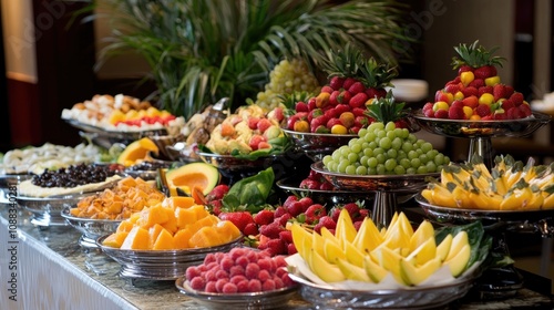 Fototapeta Naklejka Na Ścianę i Meble -  A colorful display of fresh fruits arranged elegantly for a breakfast buffet, featuring an array of berries, grapes, melons, and tropical fruits.