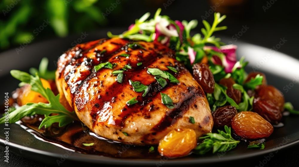 Grilled chicken breast fillet drizzled with balsamic raisin sauce, garnished with fresh herbs and colorful salad greens on a dark plate. Grilled chicken breast fillet drizzled with balsamic raisin sauce, garnished with fresh herbs and colorful salad greens on a dark plate.