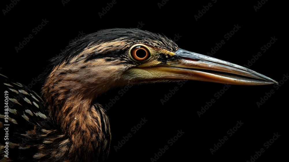 Close-up Portrait of a Bittern Highlighting Intricate Feathers and Intense Eyes Against a Dark Background in Wildlife Photography Close-up Portrait of a Bittern Highlighting Intricate Feathers and Intense Eyes Against a Dark Background in Wildlife Photography