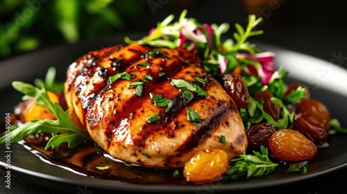 Grilled chicken breast fillet drizzled with balsamic raisin sauce, garnished with fresh herbs and colorful salad greens on a dark plate. photo