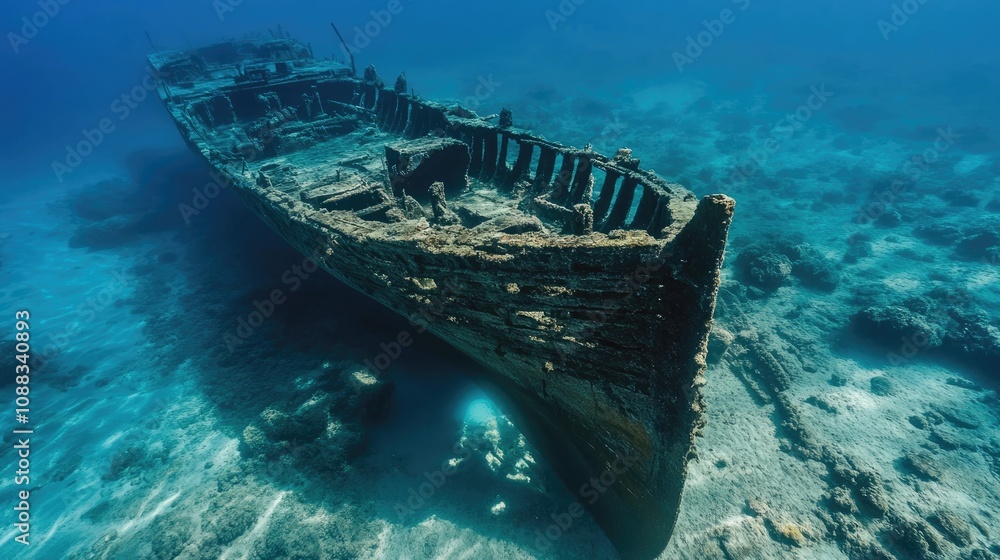Ancient wooden shipwreck resting on the ocean floor, showcasing intricate details of its weathered hull and submerged surroundings in clear, tranquil waters. Ancient wooden shipwreck resting on the ocean floor, showcasing intricate details of its weathered hull and submerged surroundings in clear, tranquil waters.