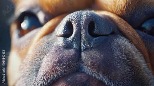 Close-up of a brachycephalic dog's nose and nostrils showcasing distinct textures and features, with expressive eyes in the background. photo