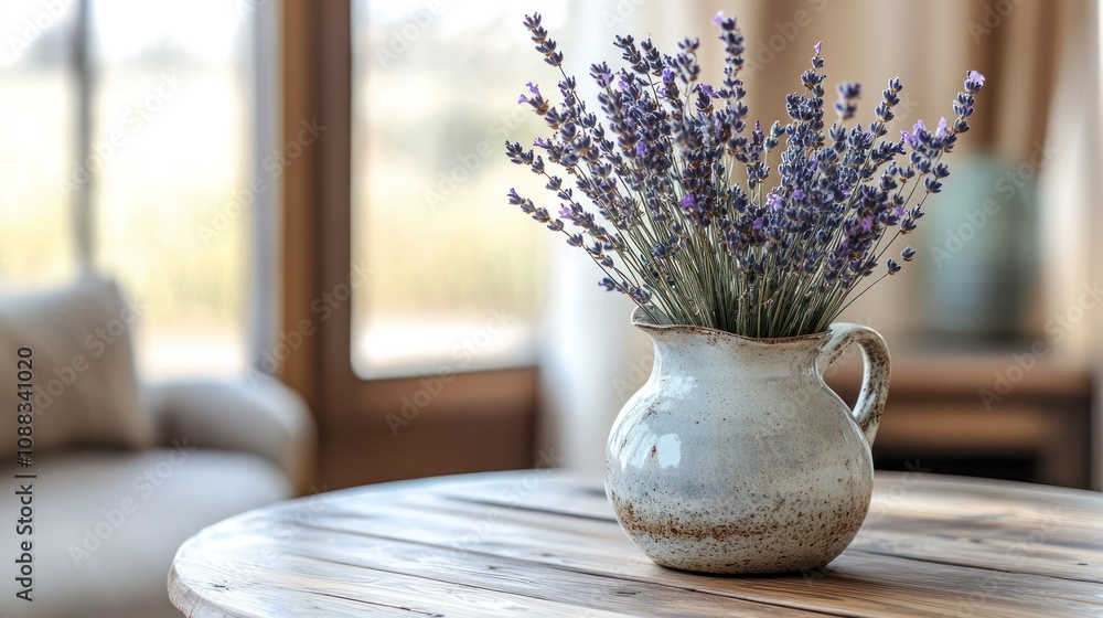 A rustic vase with lavender flowers on a wooden table, creating a serene indoor atmosphere. A rustic vase with lavender flowers on a wooden table, creating a serene indoor atmosphere.