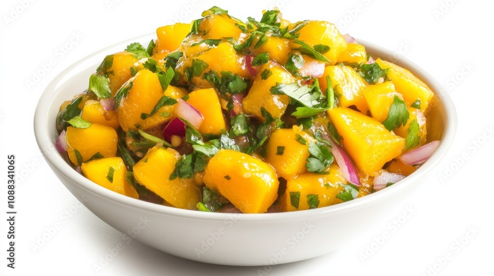 A bowl of tangy mango habanero salsa with diced mango, fiery habanero peppers, red onion A bowl of tangy mango habanero salsa with diced mango, fiery habanero peppers, red onion