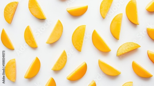 Vibrant arrangement of fresh mango slices scattered on a clean white background showcasing their bright yellow color and smooth texture.