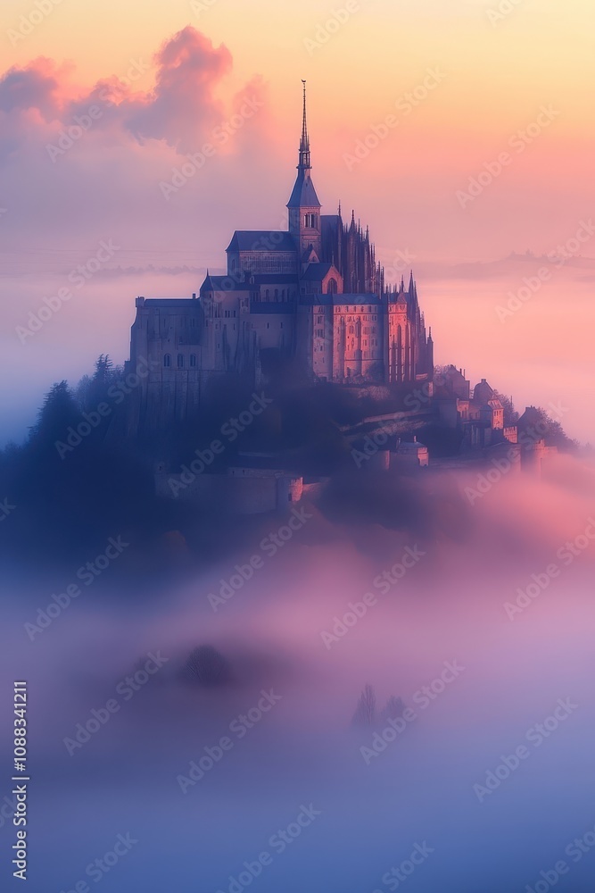 Naklejka premium Enchanting Castle Rising Above Mystical Morning Fog at Sunrise with Soft Pastel Colors and Dramatic Sky