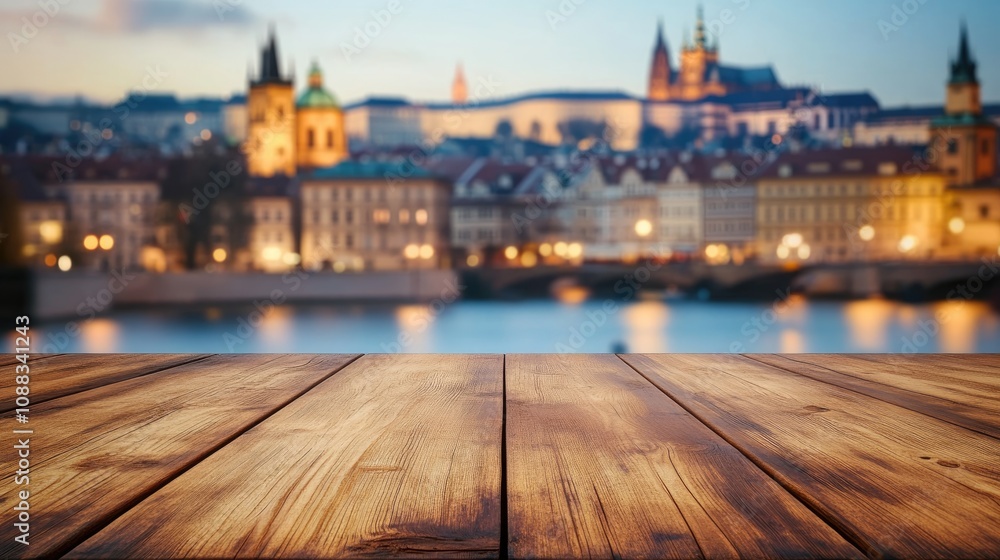 Wooden tabletop in sharp focus with a blurred classic city skyline in the background, creating an ideal display setting for products. Wooden tabletop in sharp focus with a blurred classic city skyline in the background, creating an ideal display setting for products.