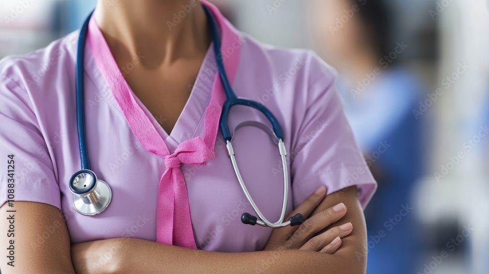 Healthcare professional in a pink scrub top with a stethoscope, symbolizing dedication to medical research and treatment for breast cancer. Healthcare professional in a pink scrub top with a stethoscope, symbolizing dedication to medical research and treatment for breast cancer.