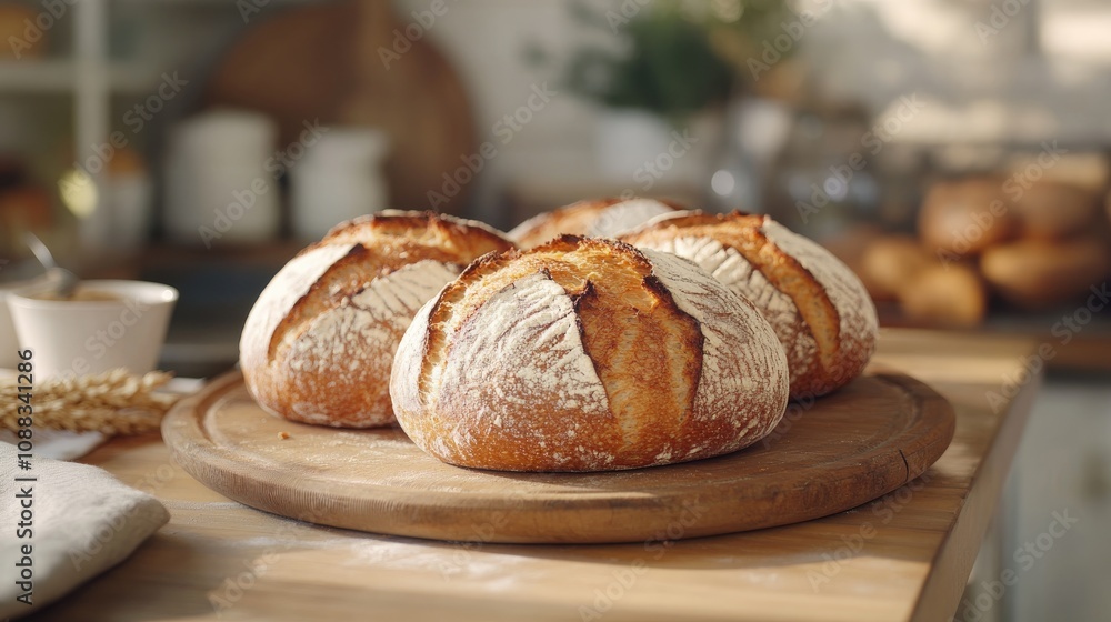 Artisan bread loaves on a wooden board, showcasing rustic baking with wheat, set in a cozy kitchen environment filled with natural light. Artisan bread loaves on a wooden board, showcasing rustic baking with wheat, set in a cozy kitchen environment filled with natural light.