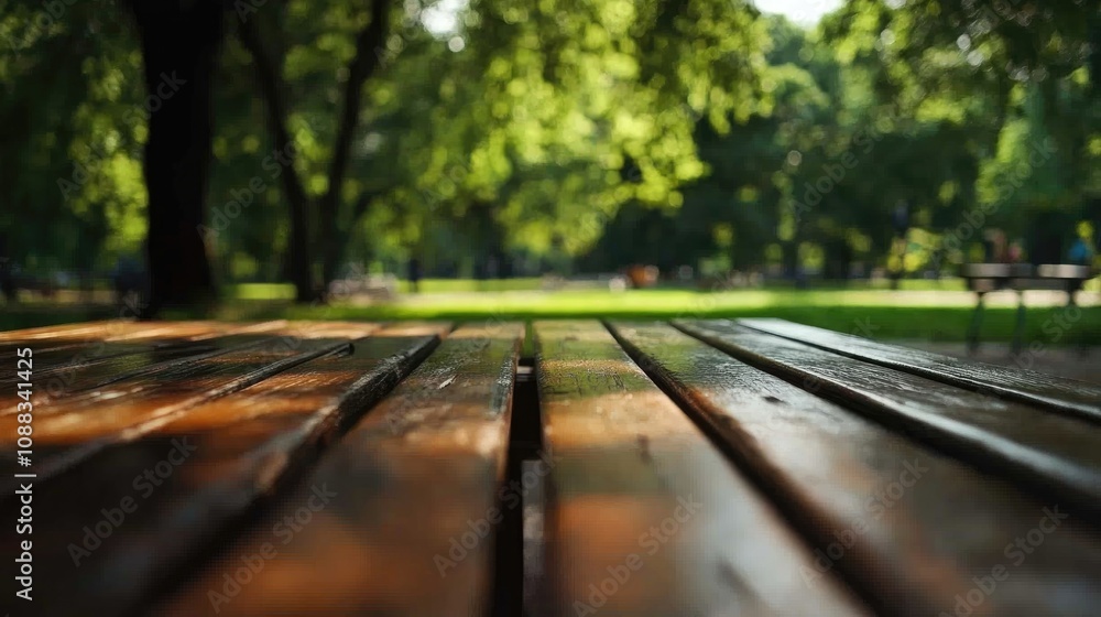 Wooden table surface in the foreground showcasing rich textures with a vibrant blurred green park backdrop illuminated by sunlight. Wooden table surface in the foreground showcasing rich textures with a vibrant blurred green park backdrop illuminated by sunlight.
