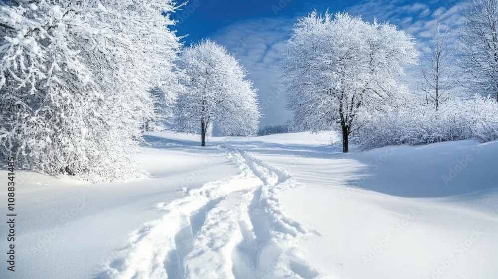 Pristine snowy landscape showcasing fresh snowfall, featuring delicate frost-covered trees and a winding path through the untouched white terrain. Pristine snowy landscape showcasing fresh snowfall, featuring delicate frost-covered trees and a winding path through the untouched white terrain.