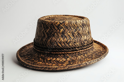 Brown straw hat with braid band under the summer sun, resting on a wooden bench beside a lively garden.