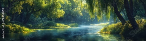 ** Serene River Landscape with Lush Greenery and Sunlight Filtering Through Trees in a Tranquil Natural Setting..**