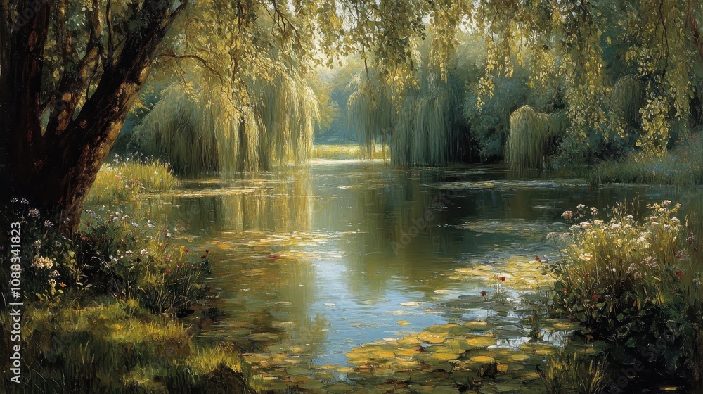 Fototapeta premium Serene Summer Landscape with Lush Greenery and Tranquil Pond Reflecting Sunlight in a Peaceful Natural Setting