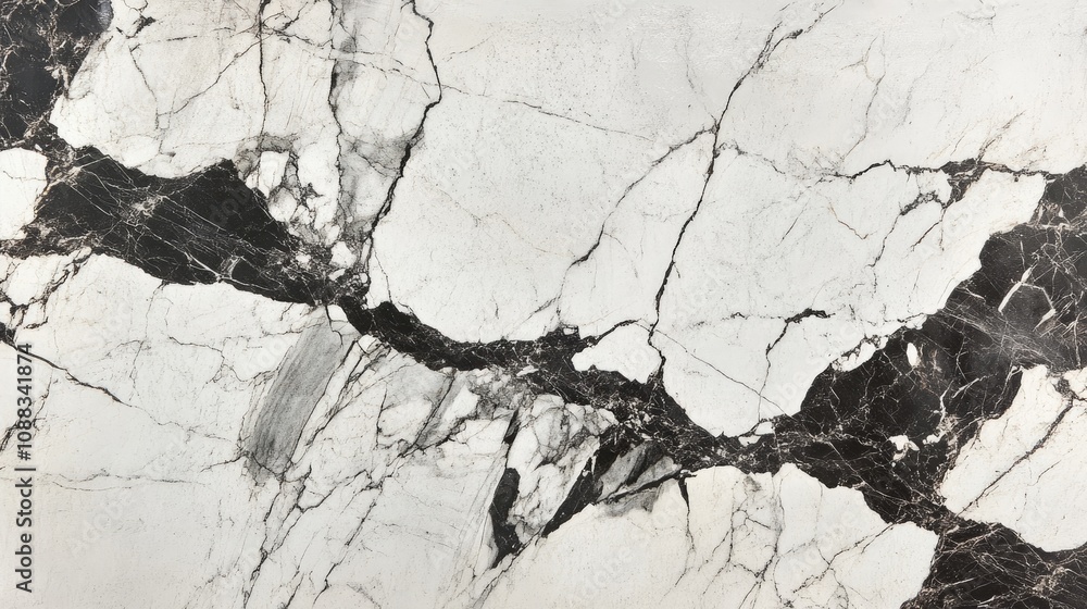 Obraz premium Elegant white marble texture with bold black and gray veining, presenting a contemporary backdrop enhanced by subtle shadow effects.
