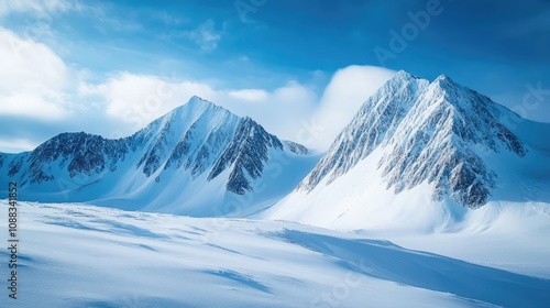 Breathtaking winter landscape showcasing towering blue snow-covered mountains under a clear sky, perfect for travel and nature exploration.