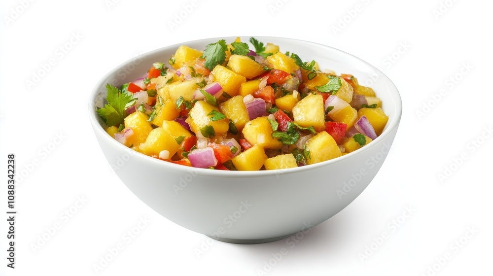 A bowl of tangy mango salsa with diced mango, red bell pepper, red onion A bowl of tangy mango salsa with diced mango, red bell pepper, red onion