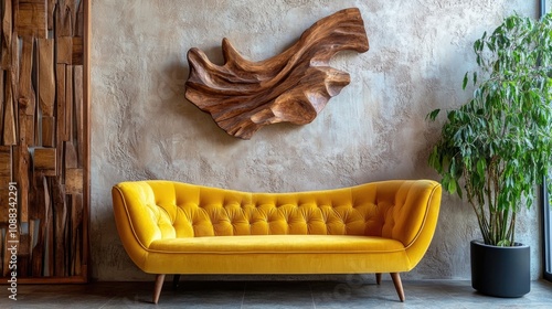 Contemporary yellow velvet sofa with tufted design against a textured stucco wall, complemented by a striking wooden abstract sculpture and greenery. photo