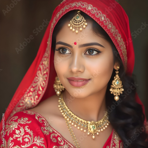 Mujer india con un vestido rojo de fiesta, con un fondo de luces cálidas.