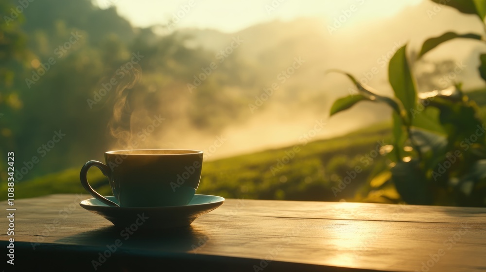 Steaming tea cup on a table overlooking a breathtaking tea plantation bathed in morning light with mist rising from lush greenery. Steaming tea cup on a table overlooking a breathtaking tea plantation bathed in morning light with mist rising from lush greenery.
