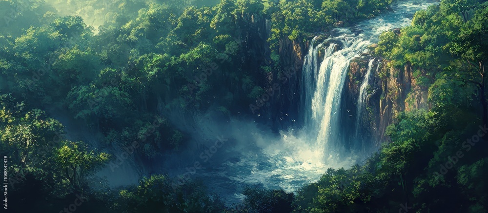Stunning Waterfall Cascading Through Lush Green Forest in Serene Natural Landscape with Misty Atmosphere and Sunlight Filtering Through Trees Stunning Waterfall Cascading Through Lush Green Forest in Serene Natural Landscape with Misty Atmosphere and Sunlight Filtering Through Trees