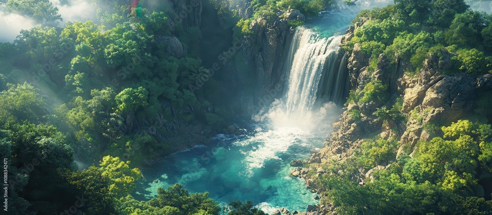 Stunning Tropical Waterfall Cascading into a Turquoise Pool Surrounded by Lush Greenery and Misty Atmosphere Stunning Tropical Waterfall Cascading into a Turquoise Pool Surrounded by Lush Greenery and Misty Atmosphere
