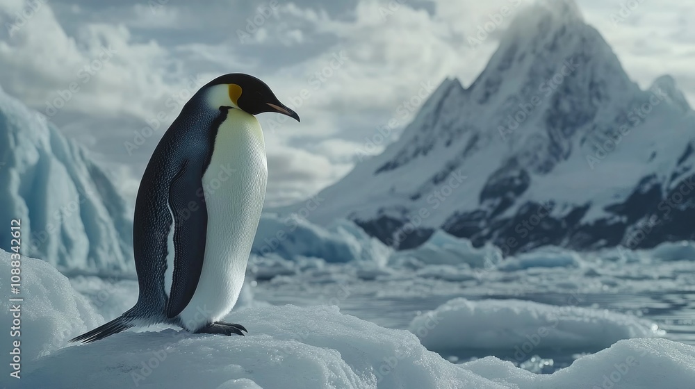 Obraz premium Emperor penguin standing majestically on ice with dramatic snowy peaks in the background, capturing the essence of Arctic wildlife and nature.