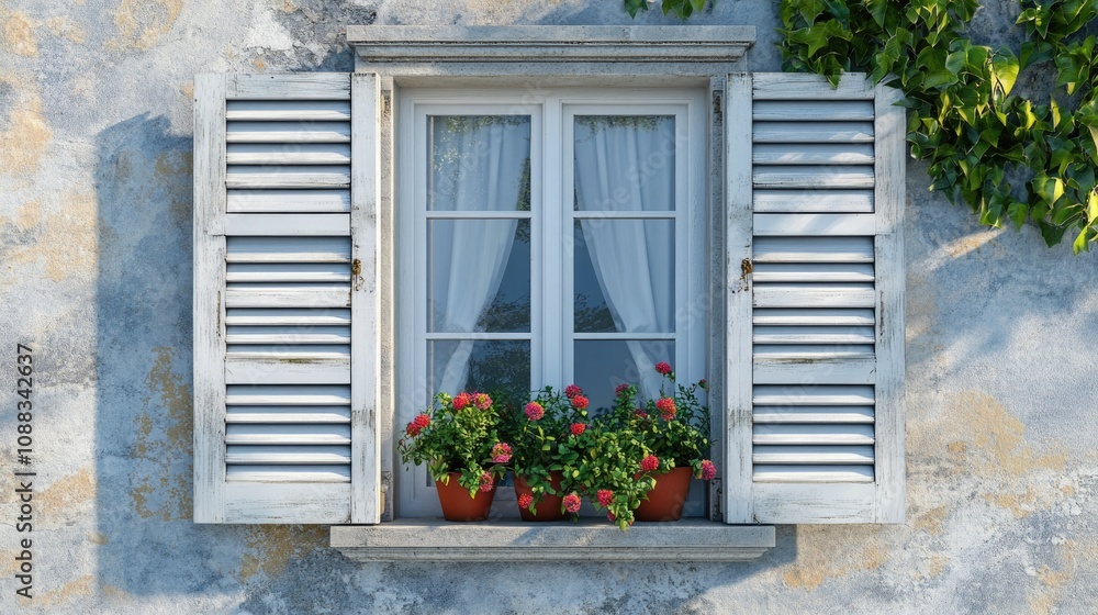 Charming white window with closed rolling shutters, framed by vibrant flower pots and soft curtains, set against a weathered textured wall. Charming white window with closed rolling shutters, framed by vibrant flower pots and soft curtains, set against a weathered textured wall.