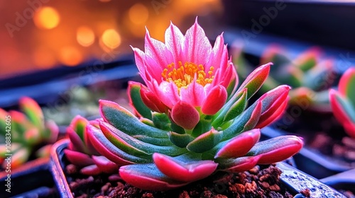 Blooming Crassula perfoliata var minor with vibrant pink flowers and lush green leaves, set against a softly blurred colorful background. photo