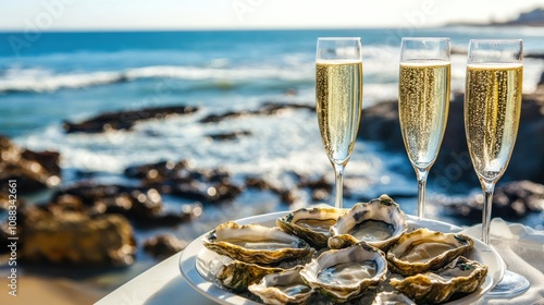 Elegant champagne flutes and freshly shucked oysters on a white plate, set against a stunning ocean backdrop with waves lapping at the shore. photo