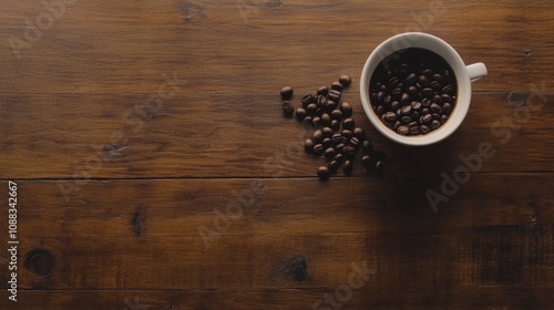 Close up view of a coffee cup filled with coffee and surrounded by scattered coffee beans on a rustic wooden tabletop with plenty of negative space.