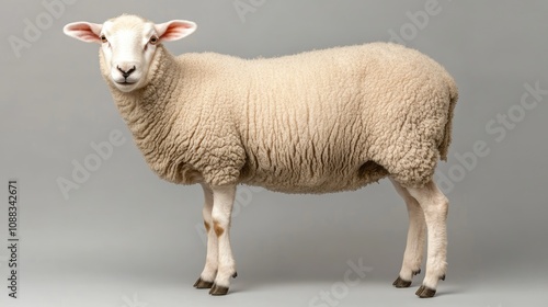 Young white sheep standing upright, looking directly at the camera against a neutral background, representing themes of Eid ul Adha. photo