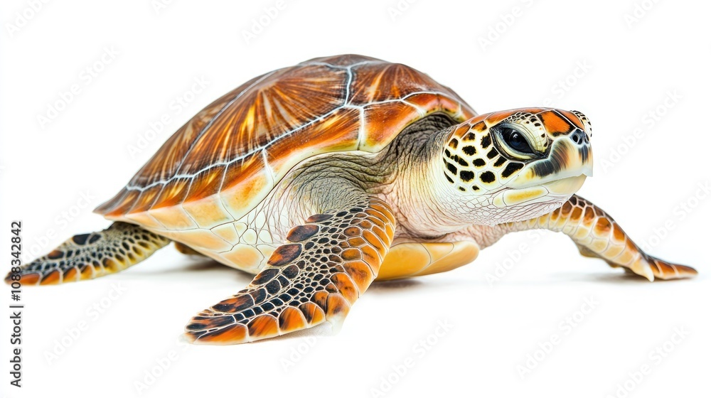 Fototapeta premium Turtle displaying intricate shell patterns and natural features, set against a clean white background, emphasizing its wildlife characteristics