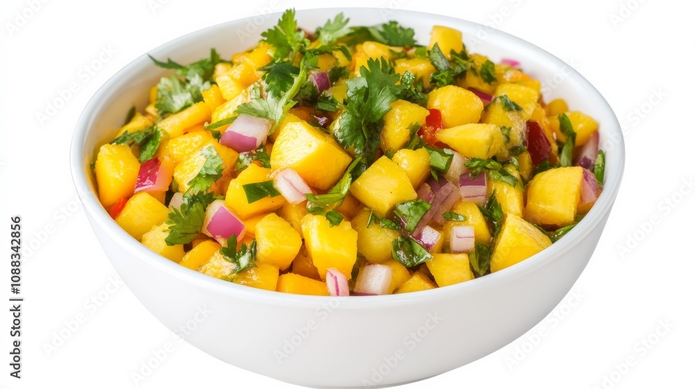 A bowl of tangy mango salsa with diced mango, red onion, cilantro A bowl of tangy mango salsa with diced mango, red onion, cilantro