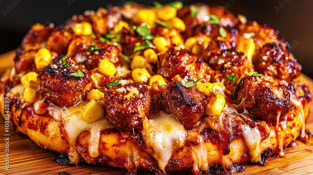Savory pan pizza generously topped with melted cheese, chicken sausage, crispy kebab meat, and sweet corn, served on a rustic wooden board. Savory pan pizza generously topped with melted cheese, chicken sausage, crispy kebab meat, and sweet corn, served on a rustic wooden board.