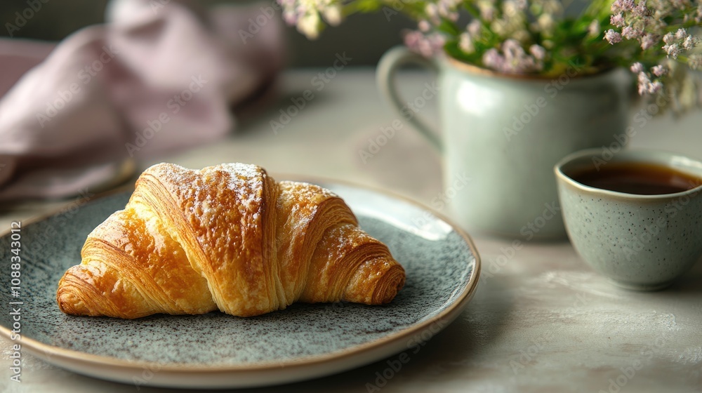 Golden brown croissant on a textured plate, accompanied by a decorative vase with flowers and a cup of coffee, set against a soft, light background. Golden brown croissant on a textured plate, accompanied by a decorative vase with flowers and a cup of coffee, set against a soft, light background.