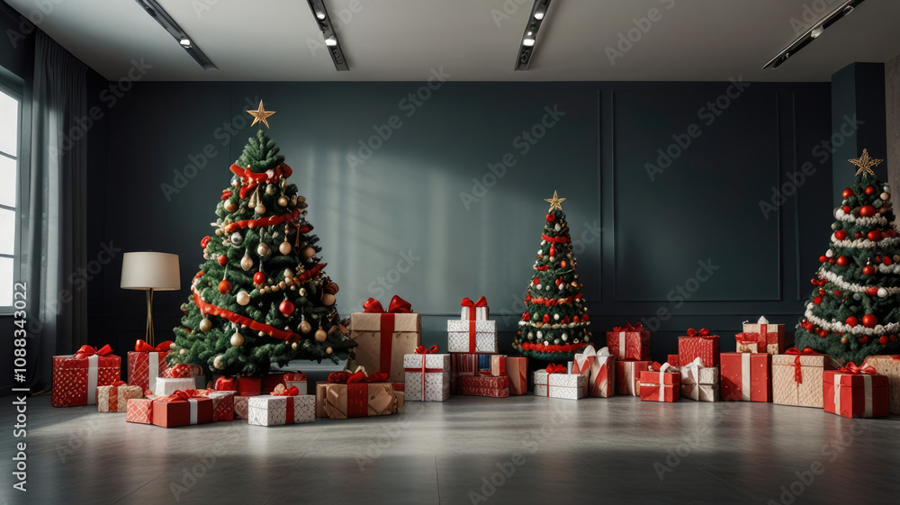 New Year's donations. Christmas toy drive. There is a large decorated Christmas tree in the room, with presents underneath. New Year's donations. Christmas toy drive. There is a large decorated Christmas tree in the room, with presents underneath.