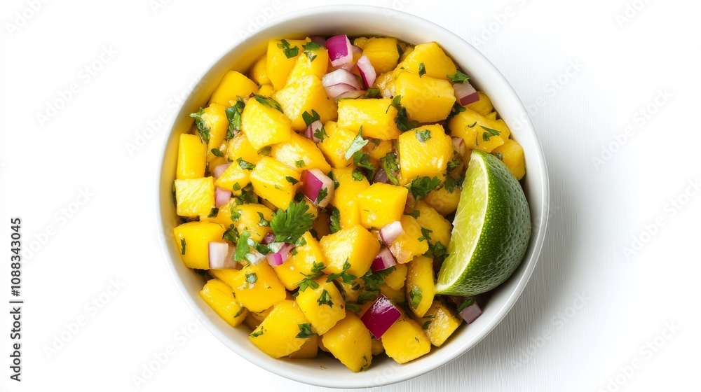 A bowl of tangy mango salsa with diced mango, red onion, cilantro A bowl of tangy mango salsa with diced mango, red onion, cilantro