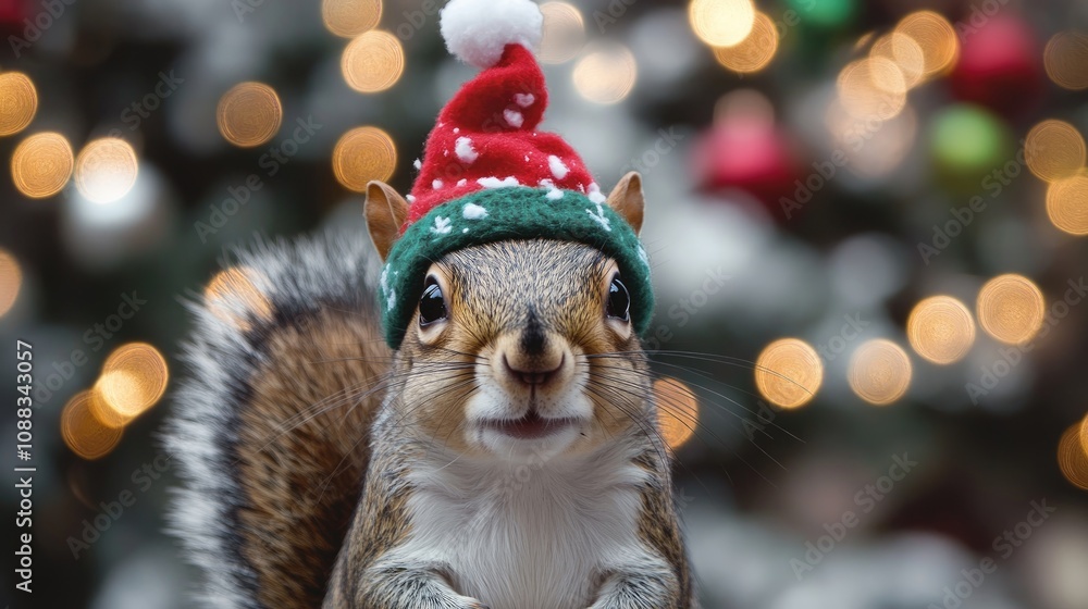 Squirrel adorned with a festive holiday hat, smiling against a vibrant background filled with Christmas lights and colors. Squirrel adorned with a festive holiday hat, smiling against a vibrant background filled with Christmas lights and colors.