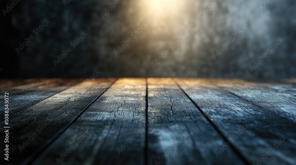 Wooden tabletop with textured planks illuminated by a soft, blurred light in a dark, moody backdrop creating an atmospheric effect. Wooden tabletop with textured planks illuminated by a soft, blurred light in a dark, moody backdrop creating an atmospheric effect.