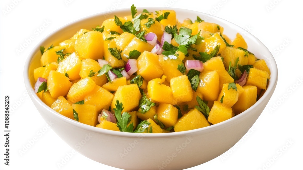 A bowl of tangy mango salsa with diced mango, red onion, cilantro A bowl of tangy mango salsa with diced mango, red onion, cilantro