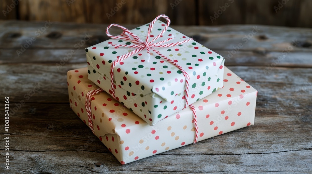 Festively wrapped gift boxes with colorful polka dots tied with twine on a rustic wooden table backdrop, evoking a cheerful holiday spirit. Festively wrapped gift boxes with colorful polka dots tied with twine on a rustic wooden table backdrop, evoking a cheerful holiday spirit.
